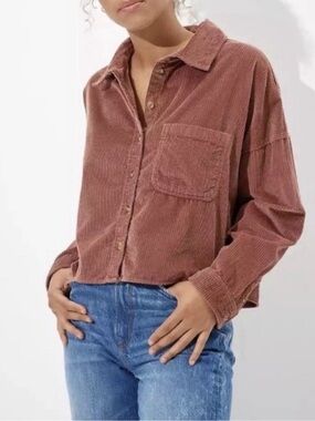 American Eagle Cropped Corduroy Shacket Top Mauve Button Down XS